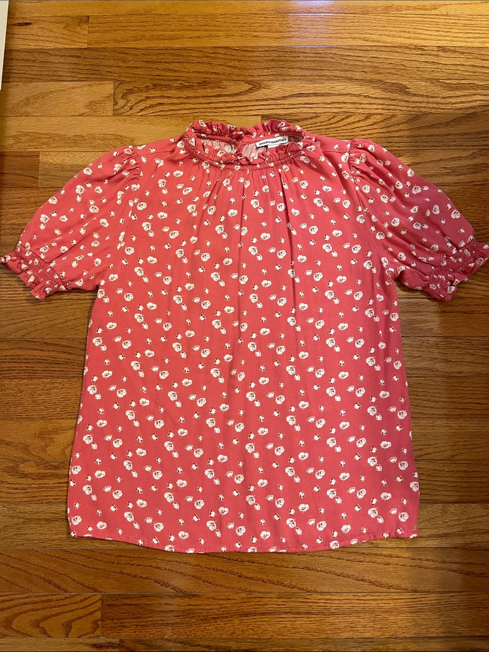 NWOT Amazon Essentials Floral Print Ruffle-Neck & Sleeve Salmon Pink Blouse XS
